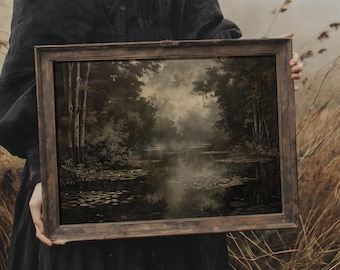 Misty Forest Pond | Nature Cottage Decor, Moody Painting Print, Vintage Aesthetic, Woodland Home Decor, Dark Academia Wall Art, Rustic Print