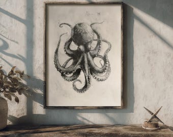 Octopus Sketch | Sea Life Print, Vintage Beach House Decor, Coastal & Ocean Aesthetic, Nautical Wall Art, Sea Creature Pencil Drawing