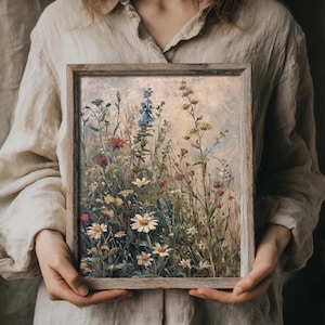 Antique-style oil painting with a rich tapestry of wildflowers, perfect for shabby chic interiors.