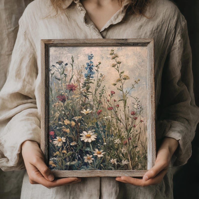 Antique-style oil painting with a rich tapestry of wildflowers, perfect for shabby chic interiors.