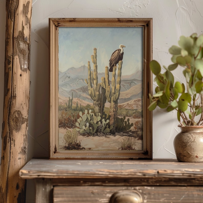 Wild west painting with a vulture on a saguaro cactus, showcasing vintage desert flora and western decor style.