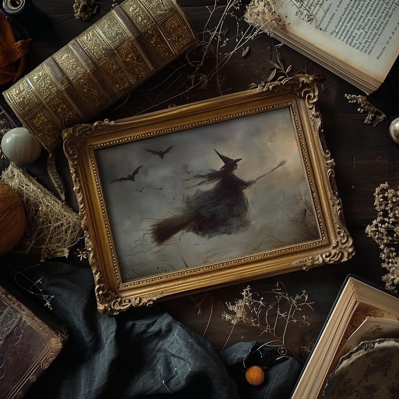 Halloween-themed art piece with a flying witch, suitable for adding a moody, whimsical touch to home decor.