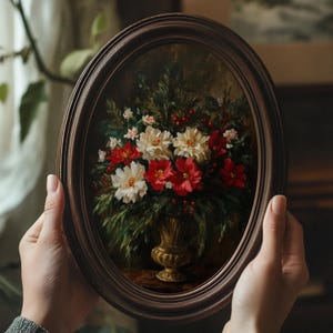 Vintage-style dark floral artwork featuring red and white flowers in a bronze vase, perfect for dark academia or cottagecore spaces.