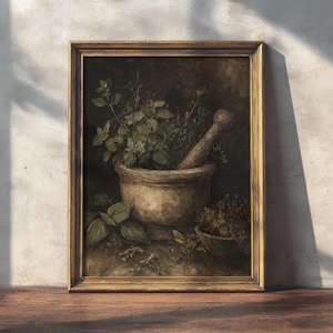 Mortel och stöt | Mörk cottagecore-tryck, botanisk dekor, köksväggkonst, vintage-inredningsestetik, antik oljemålning att skriva ut