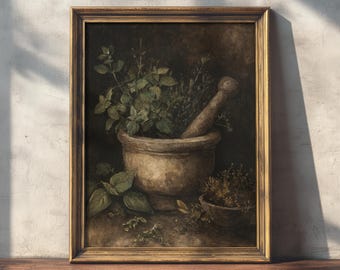 Mörser mit Pistill | Darkcore Cottage Druck, Botanisches Dekor, Küchen Wandkunst, Vintage Interior Ästhetik, Antikes Ölgemälde zum Ausdrucken