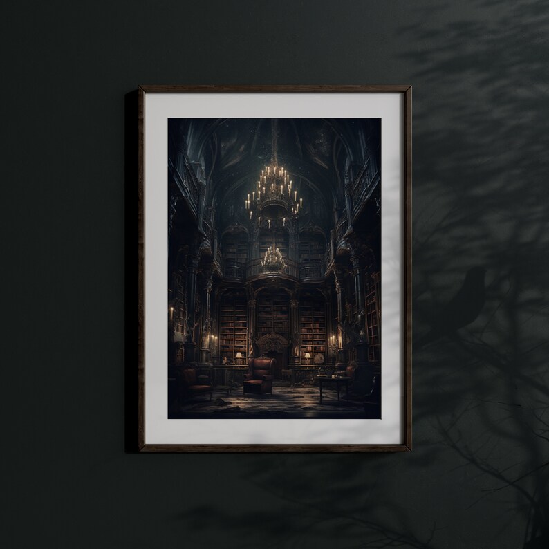 May include: A framed photograph of a dark, ornate library with a large chandelier hanging from the ceiling. The library is filled with bookshelves and a single armchair sits in the center of the room.
