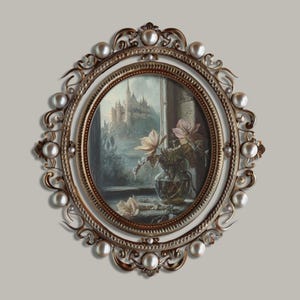 Atmospheric print with a gothic floral still life and medieval castle view, perfect for fans of dark academia and romantic goth decor seeking a vintage oil painting touch.