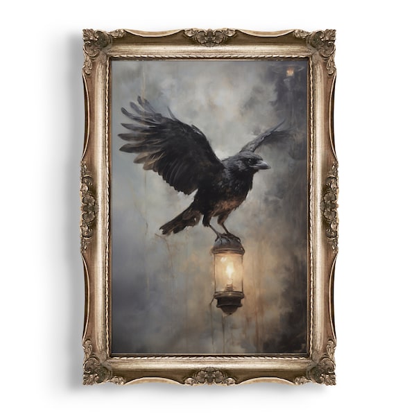 Flying Crow | Dark Academia Prints, Gothic Oil Painting Printable, Witchy Room Decor, Goth Wall Art, Dark Moody Decor, Dark Cottagecore