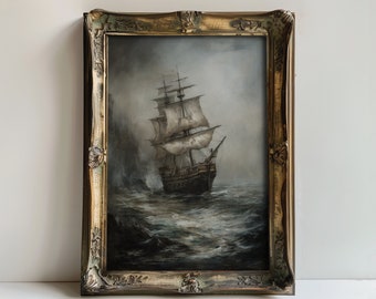 Stormy Sea Ship | Coastal & Ocean Aesthetic, Dark Academia Decor, Nautical Wall Art, Moody Antique Art, Vintage Seascape Print, Maritime Art