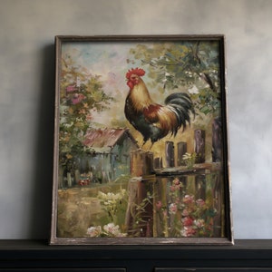 Rooster painting with a countryside backdrop, ideal for cottagecore decor and spring home decoration themes.