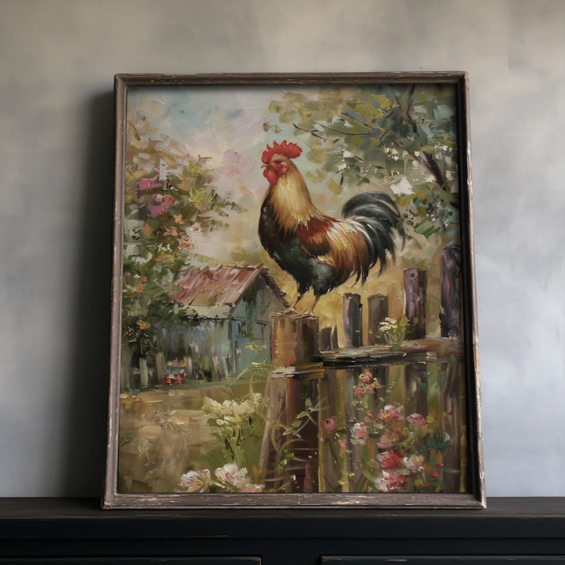 Rooster painting with a countryside backdrop, ideal for cottagecore decor and spring home decoration themes.