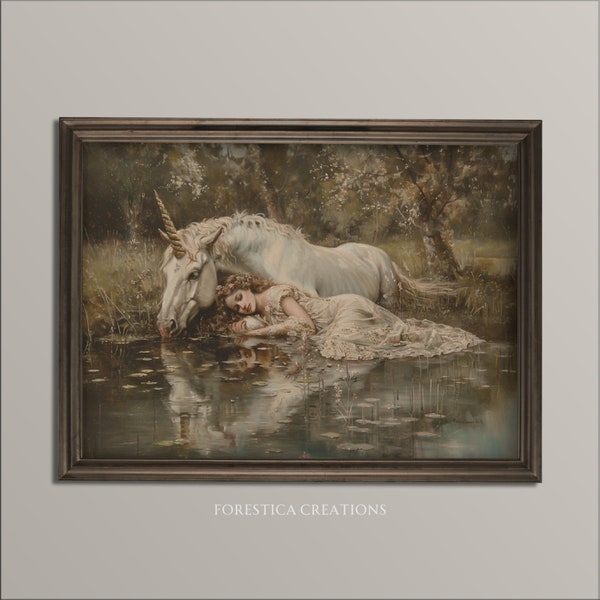 Unicorn & Woman | Moody Wall Art, Vintage Fairytale Aesthetic, Dark Academia Prints, Antique Home Decor, Rustic Fairy Art, Whimsical Artwork