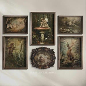 Set von 6 Fantasy Prints | Verzauberter Wald Dekor, Stimmungsvolle Kunstdrucke, Galeriewand-Set, Märchenhafte Wandkunst, Vintage Ästhetik, Feenmalerei