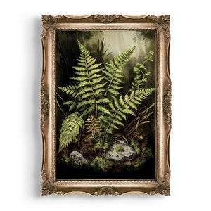 Tiefer Waldfarn | Dark Cottagecore Druck, Vintage botanisches Dekor, grüne ästhetische Wandkunst, Goblinkern Ölgemälde, düsteres Kunstwerk