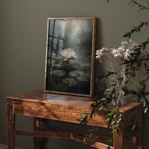 Gothic cottagecore painting of a solitary water lily, bringing a sense of enigmatic beauty to maximalist decor.