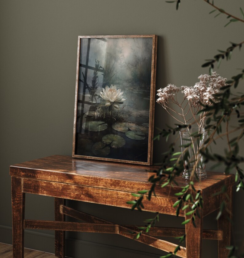 Gothic cottagecore painting of a solitary water lily, bringing a sense of enigmatic beauty to maximalist decor.