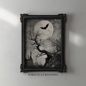 A haunting goth art print featuring a gnarled tree, a bat, and a full moon in dark oil painting style.