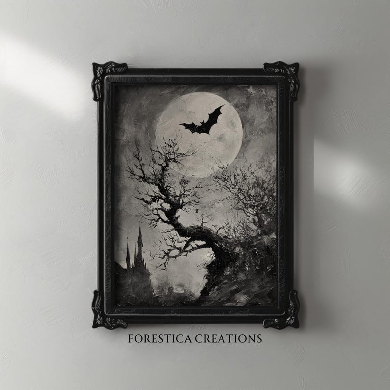 A haunting goth art print featuring a gnarled tree, a bat, and a full moon in dark oil painting style.