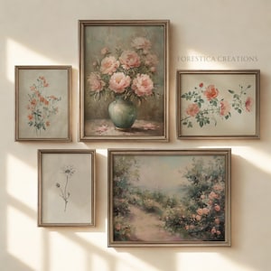 Set of 5 Floral Prints | Eclectic Spring Gallery Wall Set, Coquette Room Decor, Victorian Aesthetic, Maximalist Art, Moody Oil Paintings