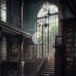 May include: A grand, old library with a large window, a wooden staircase, and bookshelves filled with books. The room has a dark, moody atmosphere.