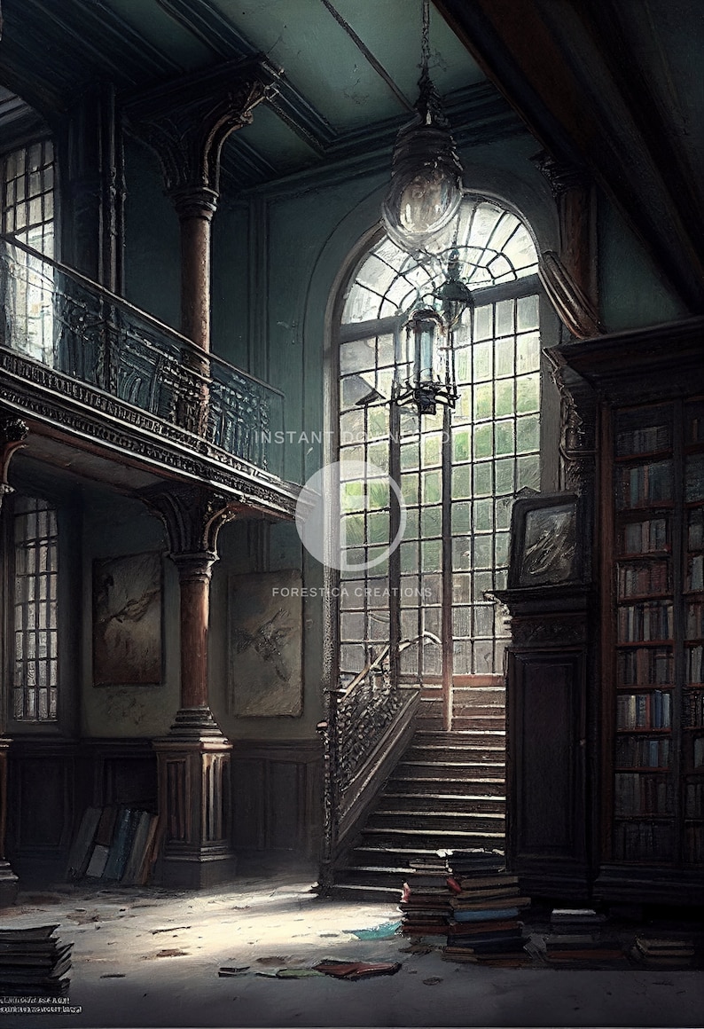 May include: A grand, old library with a large window, a wooden staircase, and bookshelves filled with books. The room has a dark, moody atmosphere.