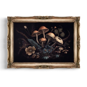 Floral Mushrooms | Dark Cottagecore Decor, Witchy Room Wall Art, Goblincore, Vintage Aesthetic Digital Print, Moody Botanical Printable Art