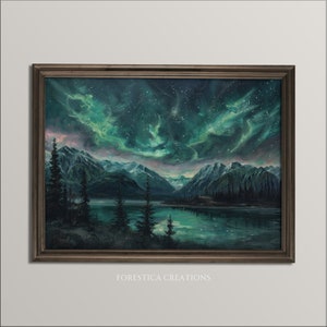 Dark academia inspired art print featuring the northern lights over a mountain lake, ideal for gothic room decor and dark academia inspired interiors.