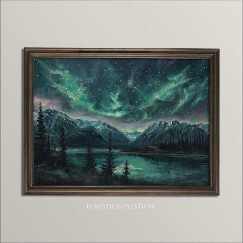Dark academia inspired art print featuring the northern lights over a mountain lake, ideal for gothic room decor and dark academia inspired interiors.