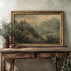Castle on the Green Hills | Antique Painting Aesthetic, Dark Academia Print, Vintage Landscape, Fantasy DND Room Decor, Dark Green Decor