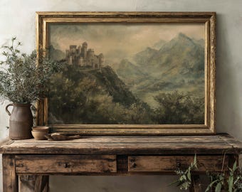 Castle on the Green Hills | Antique Painting Aesthetic, Dark Academia Print, Vintage Landscape, Fantasy DND Room Decor, Dark Green Decor