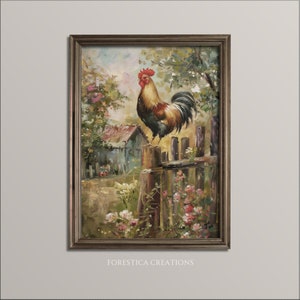 Rustic farmhouse art with a rooster perched on a fence, perfect for adding vintage room decor and countryside artwork charm.