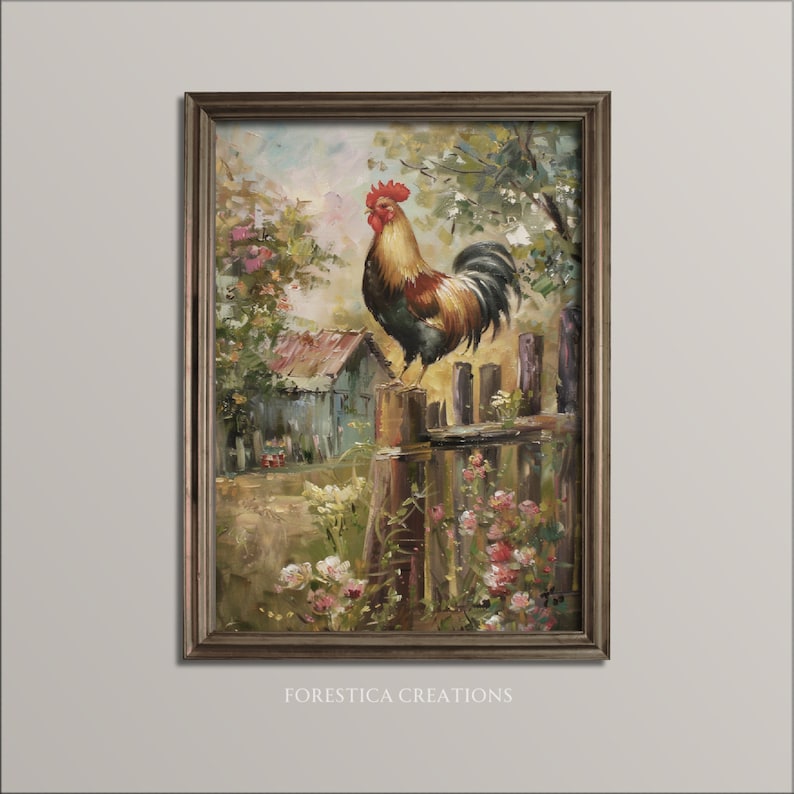 Rustic farmhouse art with a rooster perched on a fence, perfect for adding vintage room decor and countryside artwork charm.