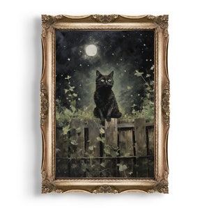 Cat at Night | Dark Academia Prints, Goth Cottagecore, Gothic Home Decor, Witchy Wall Art, Library Decor, Moody Wall Art, Dark Green Art