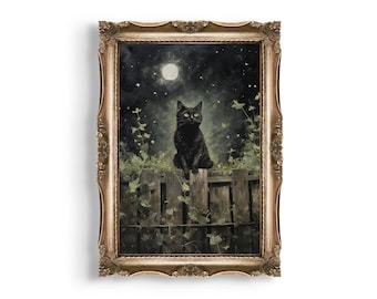 Cat at Night | Dark Academia Prints, Goth Cottagecore, Gothic Home Decor, Witchy Wall Art, Library Decor, Moody Wall Art, Dark Green Art