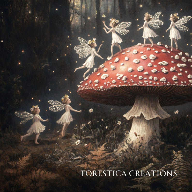 Puede incluir: Un grupo de hadas con alas y coronas de flores se re&uacute;nen alrededor de una gran seta roja y blanca en un bosque oscuro. La seta tiene un tallo blanco y un sombrero rojo con manchas blancas. Las hadas llevan vestidos blancos y tienen alas brillantes. El fondo es un bosque oscuro con luces brillantes.