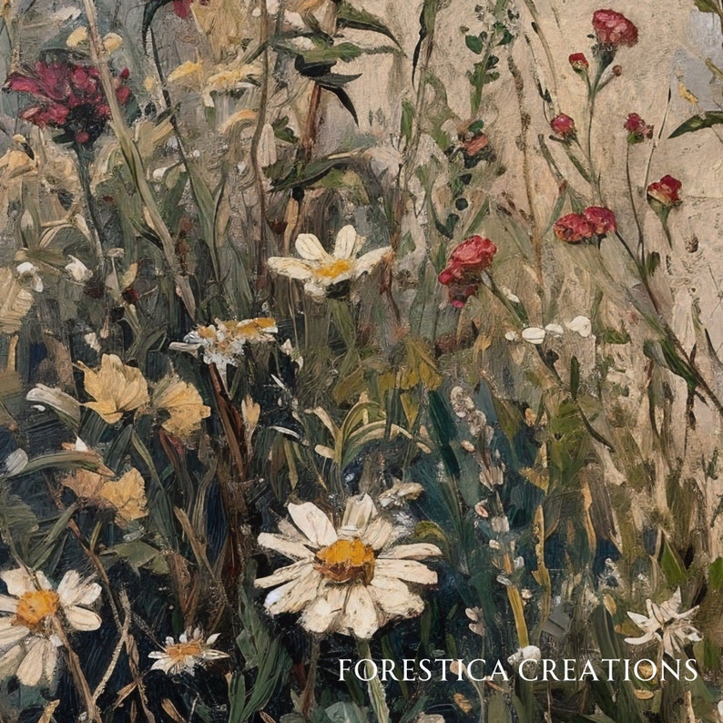 May include: A painting of a field of wildflowers in shades of pink, white, and green. The flowers are in various stages of bloom, with some fully open and others still in bud. The background is a soft, blurred green.