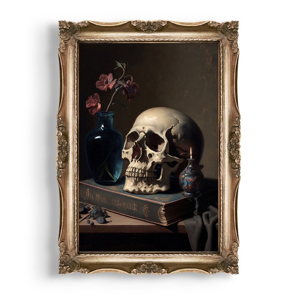 Goth Still Life | Gothic Skull Wall Art, Moody Oil Painting Print, Dark Academia Decor, Vintage Aesthetic, Dark Cottagecore Room Decor