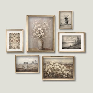 Set of 6 Vintage Farmhouse Prints | Gallery Wall Set, Cottagecore Decor, Neutral Art Prints, Rustic Country Art, Oil Paintings & Sketches image 1