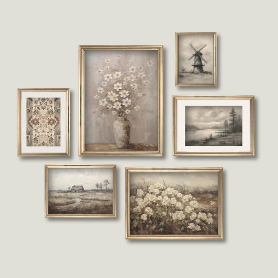 Set of 6 Vintage Farmhouse Prints | Gallery Wall Set, Cottagecore Decor, Neutral Art Prints, Rustic Country Art, Oil Paintings & Sketches