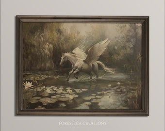 White Pegasus | Vintage Fairytale Aesthetic, Dark Academia Prints, Cottagecore Home Decor, Fantasy Fairy Artwork, Whimsical Moody Wall Art
