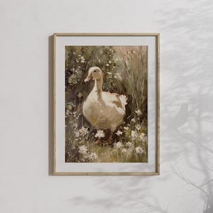 Cottagecore wall art showcasing a goose surrounded by wildflowers, blending rustic farmhouse art with a moody spring aesthetic.
