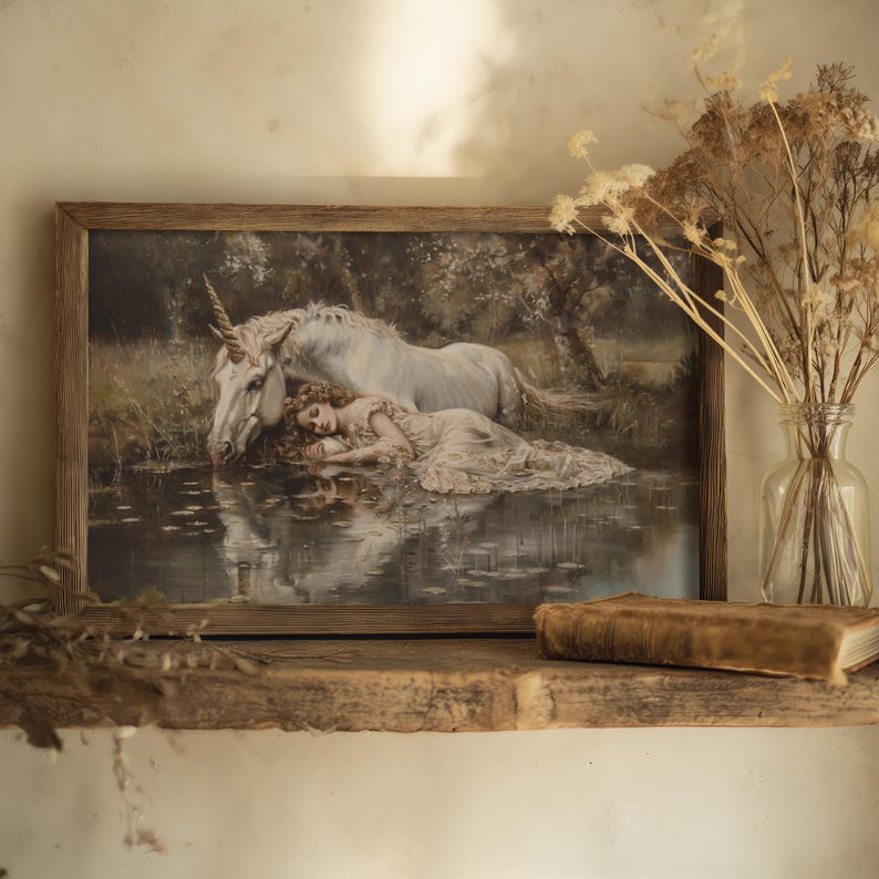A vintage fairy wall art print featuring a serene unicorn scene, suited for coquette room aesthetics.