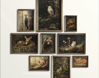 Set van 9 bosprints | Cottagecore Gallery-muurset, paddestoeldecor, bosrijke kinderkamerset, vintage dierenmuurkunst, esthetiek olieverfschilderij