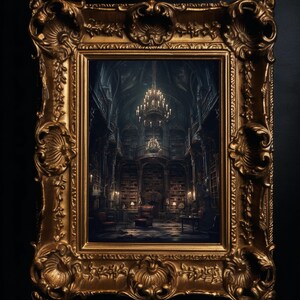 May include: A framed photograph of a dark, ornate library with a large chandelier hanging from the ceiling. The library is filled with bookshelves and a single armchair sits in the center of the room.