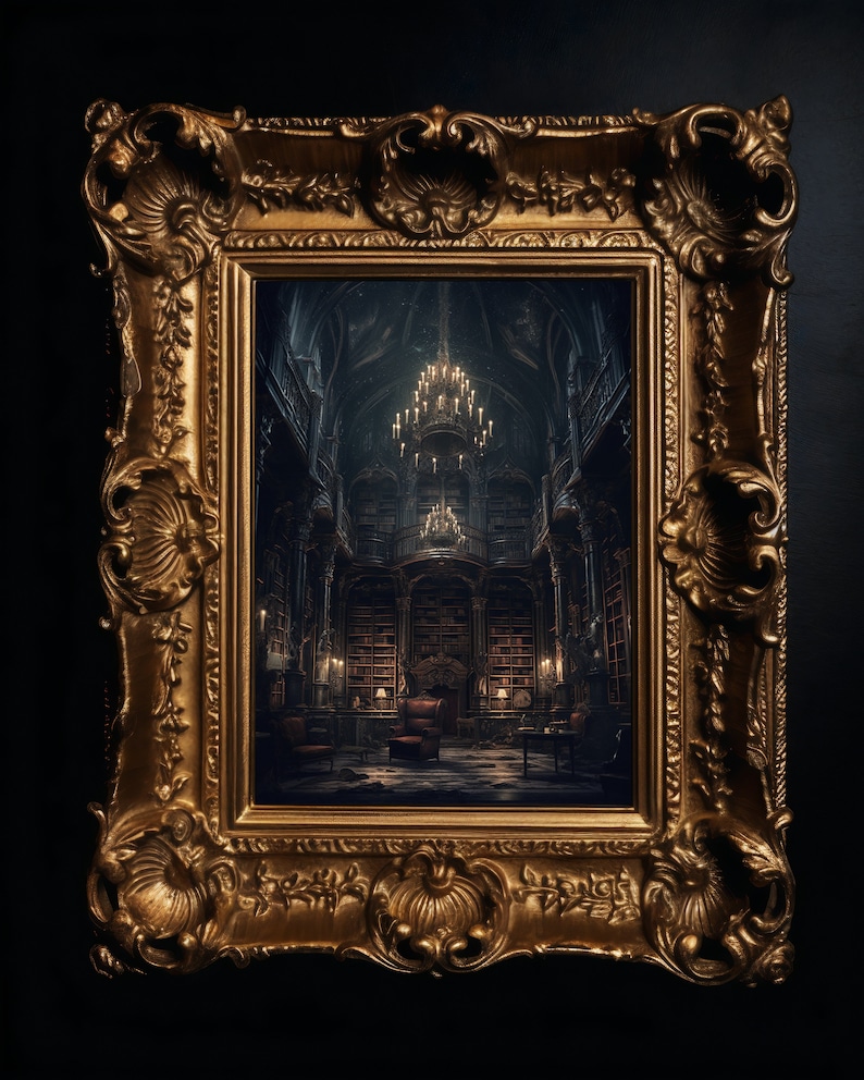May include: A framed photograph of a dark, ornate library with a large chandelier hanging from the ceiling. The library is filled with bookshelves and a single armchair sits in the center of the room.