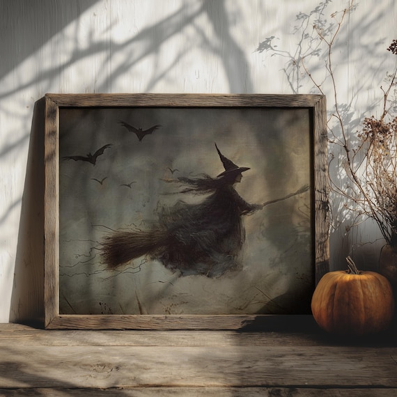 Witching Hour | Witchy Wall Art, Halloween Prints, Flying Witch Painting, Dark Academia, Witch Home Decor, Moody Wall Art, Vintage Aesthetic