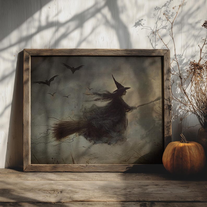 Dark academia print showcasing a witch on a broomstick, enhancing eclectic gallery walls with its vintage charm.