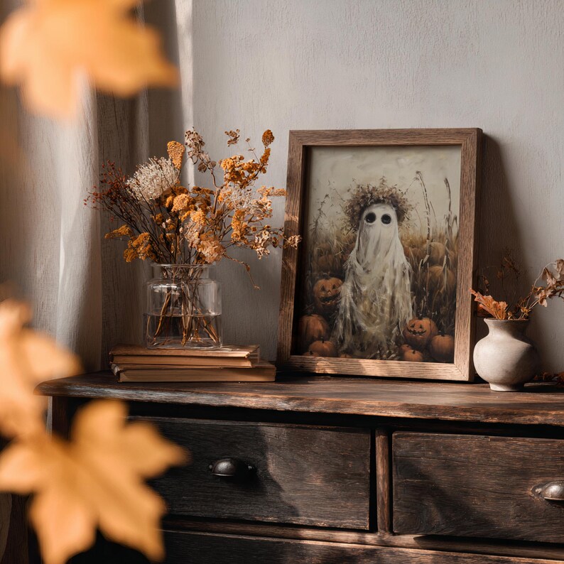 Cottagecore and vintage aesthetic ghost art, ideal for adding a unique touch to your Halloween and autumn decorations.