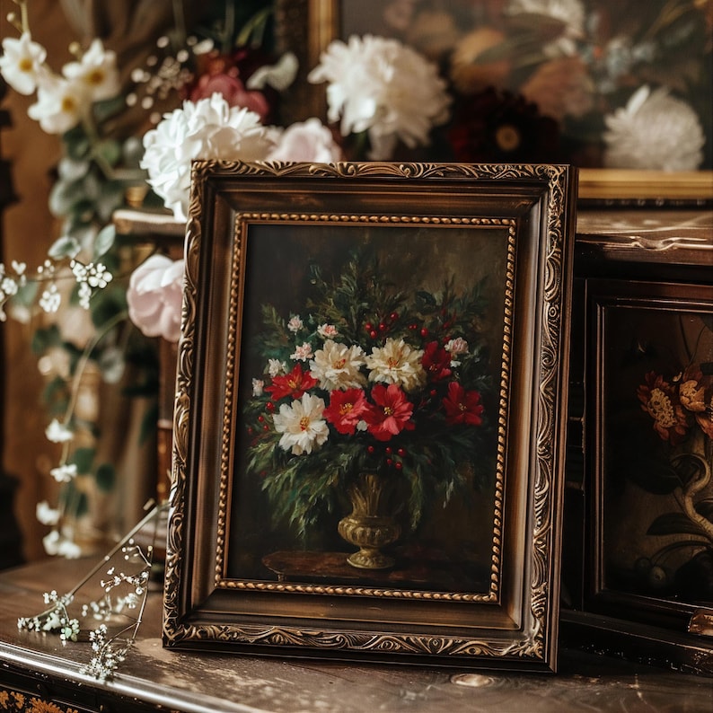 Moody Victorian art featuring a still life arrangement of vibrant red and white blooms, suited for dark cottagecore aesthetics.