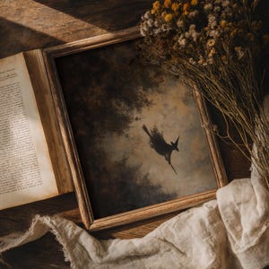 Printable wall art of a witch flying through the night sky – perfect for dark academia and vintage Halloween decor